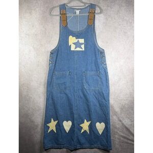 Vintage HAIKS Jumper Dress Womens Large Blue Denim Stars Hearts Patchwork Buckle